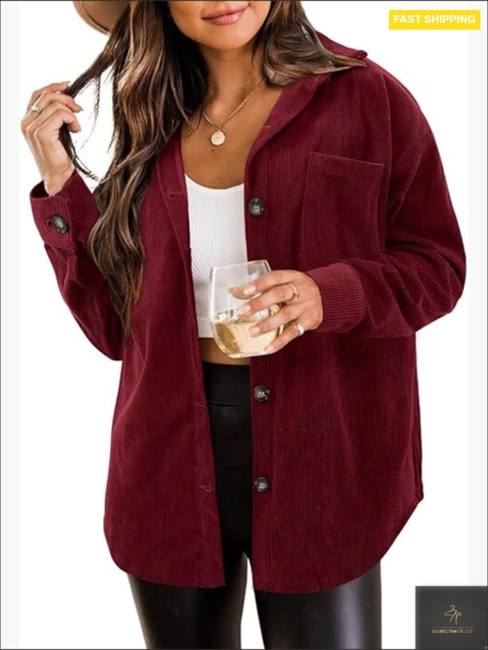 Womens Corduroy Button Down Shacket Coat Lightweight Long Sleeve Lapel Collar
